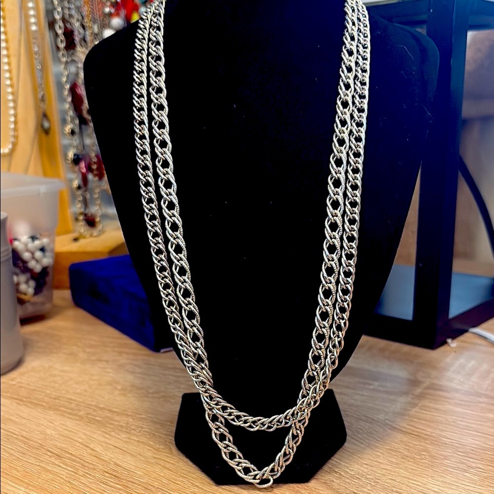 Vintage silver tone, double chain necklace